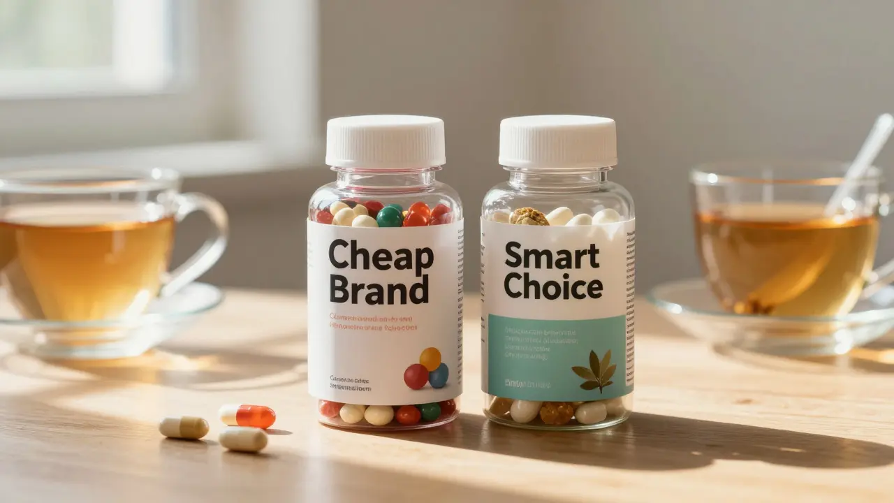 Dvě láhve multivitaminů vedle sebe: jedna s umělými přísadami, druhá s přirozenými složkami, na dřevěném stole s českým čajem a slunečním paprskem.