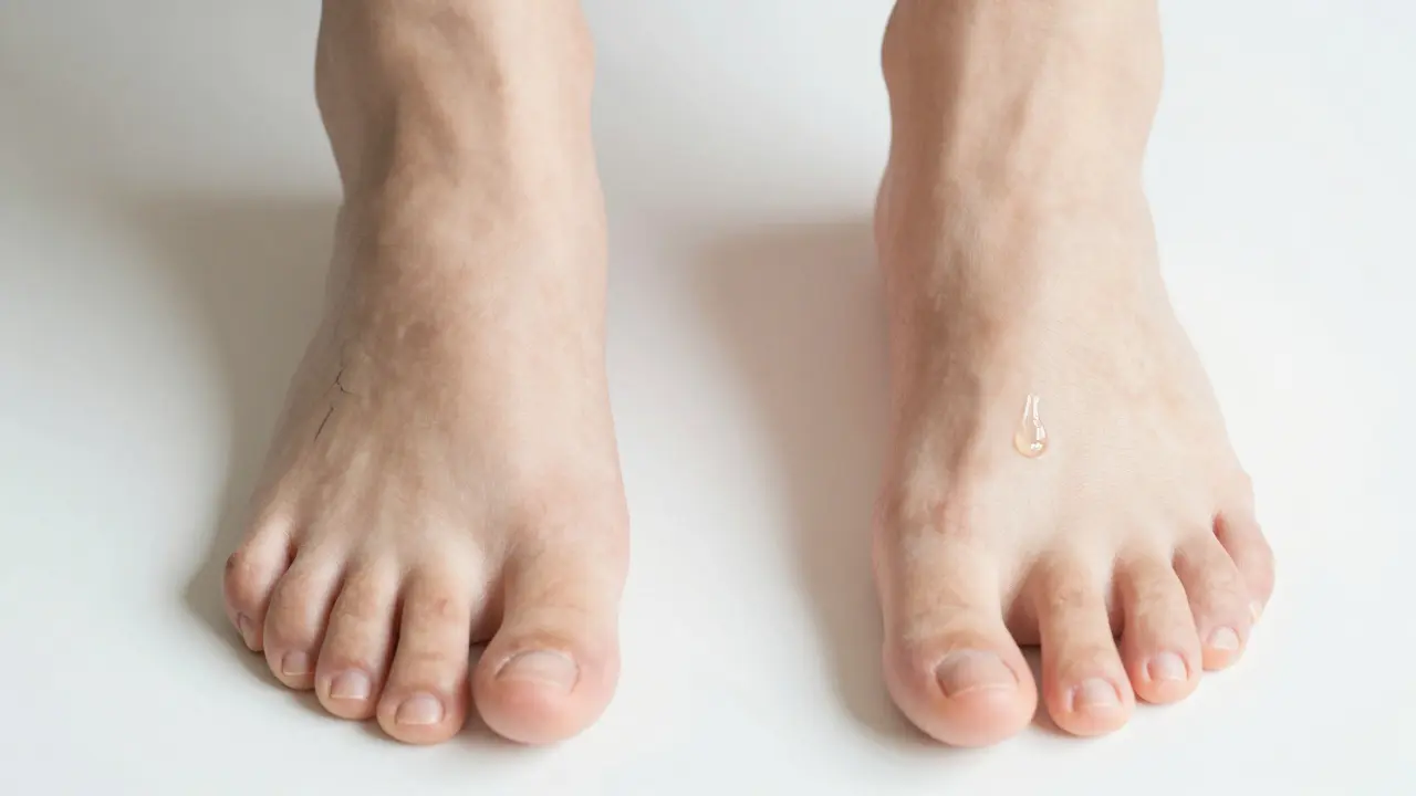Dvě nohy vedle sebe: jedna s hrubou kůží, druhá hladká a hydratovaná po přístrojové pedikúře.