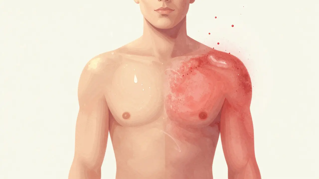 Dvě strany těla: jedna se zdravou, zářivou pokožkou, druhá s podrážděnou a prasklou kůží po příliš častém scrubování.