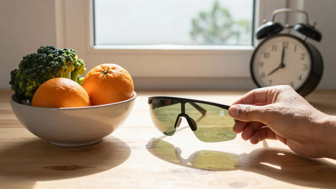 Dvojice slunečních brýlí a zelená zelenina na stole při slunečním světle.