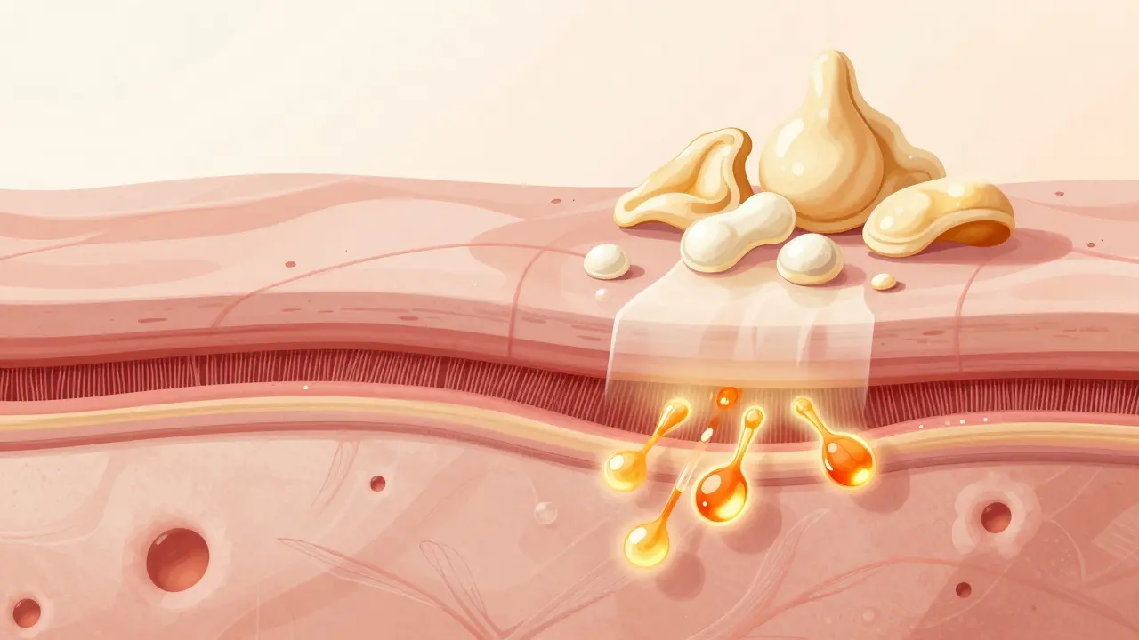 Ilustrovaný pohled na vnitřní změny zralé pleti s podporou hydratačních a regeneračních látek.
