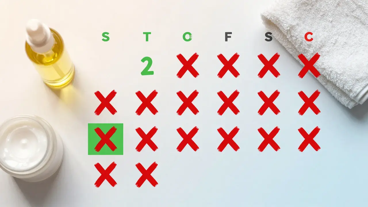 Kalendář s jen dvěma zvýrazněnými dny týdně pro scrubování, kolem něj symboly hydratace a ochrany pokožky.