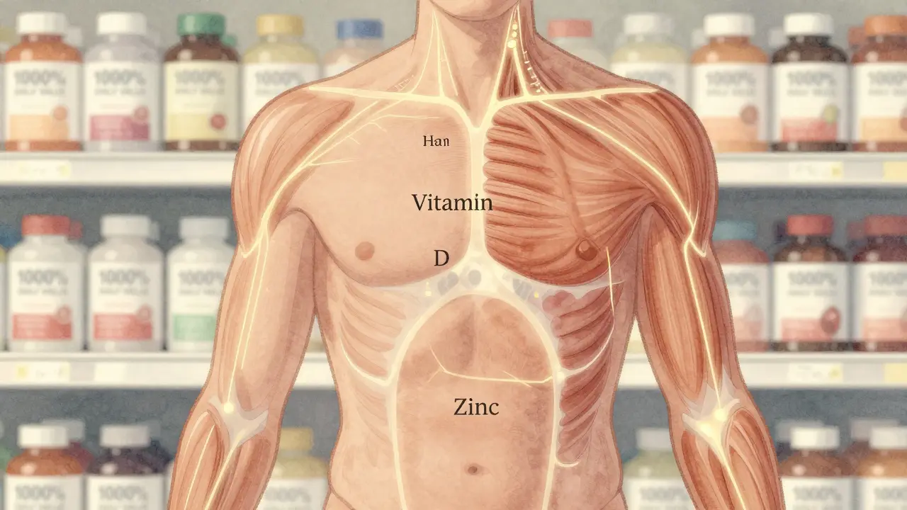 Kontur lidského těla s vysvícenými cestami vitamínu D, hořčíku a zinku, pozadí s běžnými multivitamínovými lahvičkami.