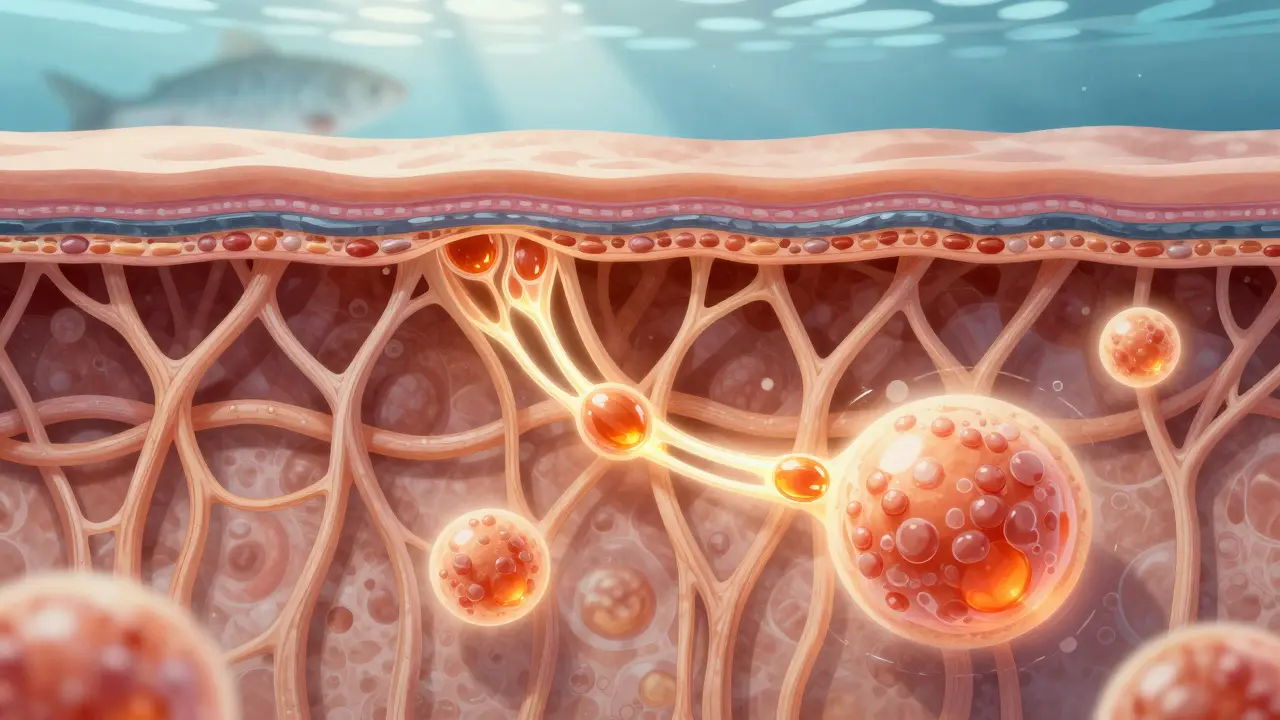 Křížový řez kůže s kolagenovými vlákny a molekulami vitamínu C a hyaluronové kyseliny