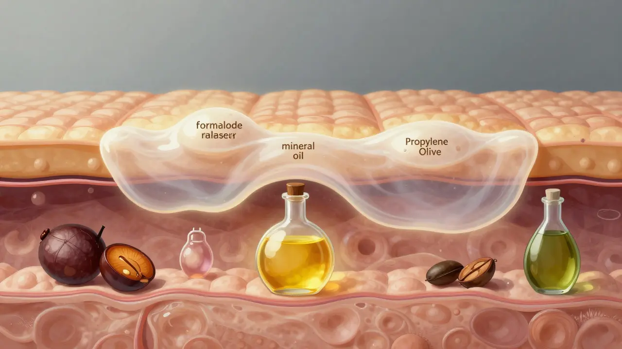 Křížový řez kůže ukazující škodlivé chemikálie na povrchu a přírodní oleje prožívající kůži.