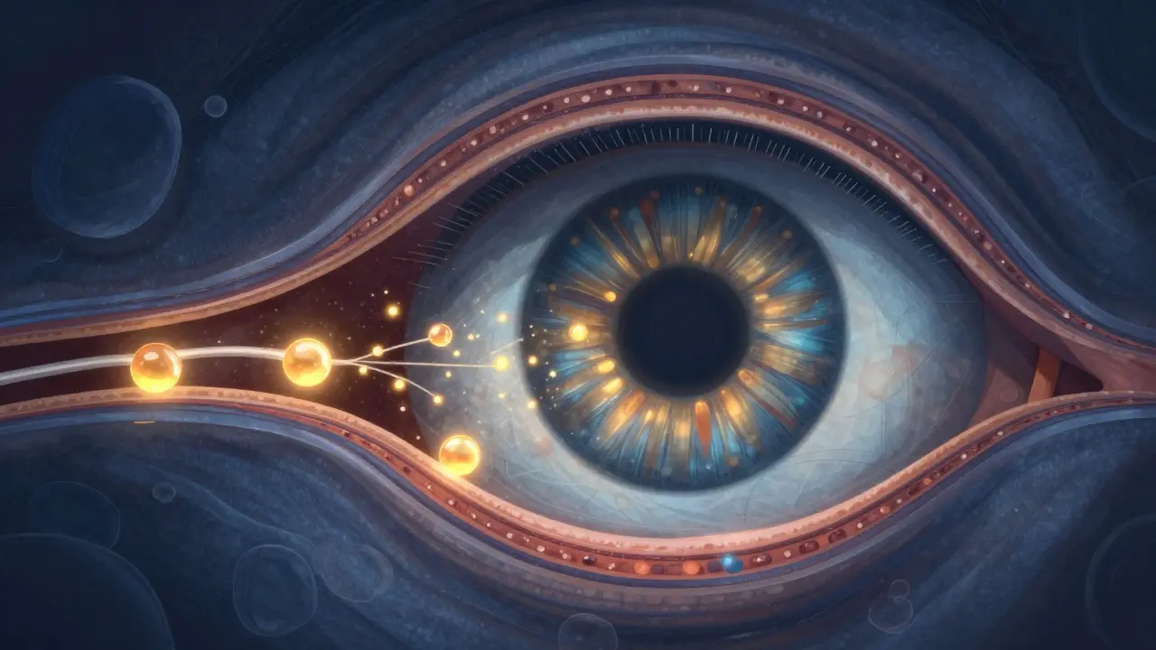 Křížový řez lidského oka s buňkami a zlatými částicemi vitamínu A proudícími do sítnice.