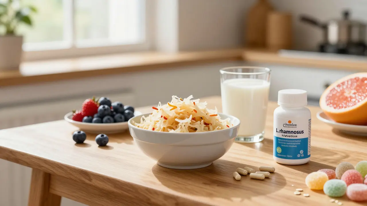 Kuchyňský scénář s fermentovanými potravinami a probiotiky pro podporu léčby depresí.