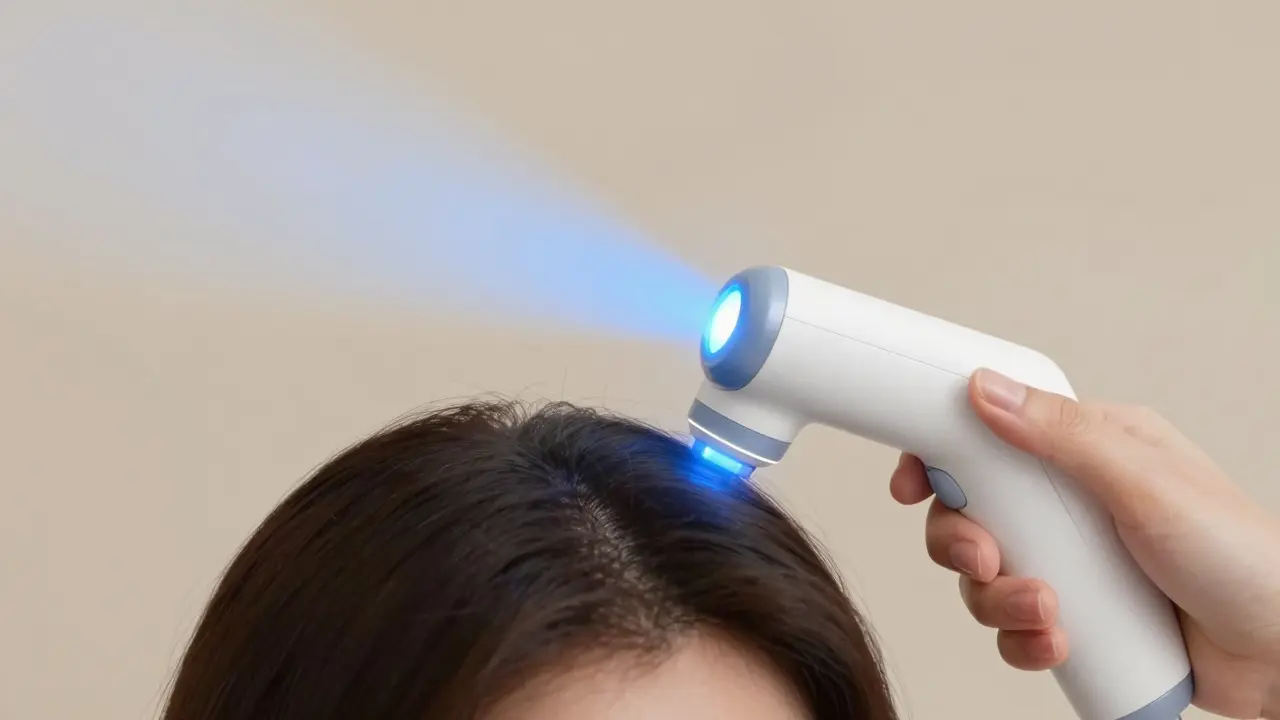 Laserová terapie na kůži hlavy s modrým světlem.