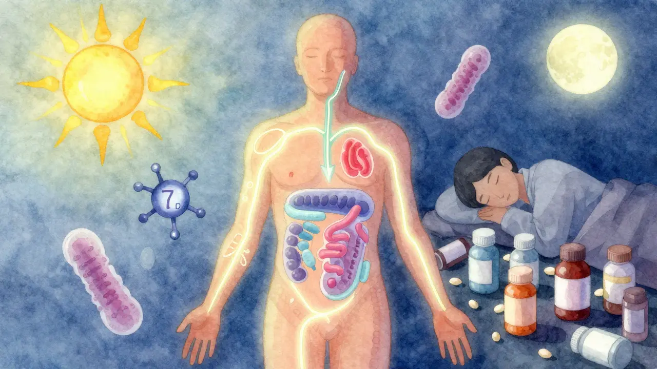 Lidské tělo s osvětlenými imunitními cestami a symboly slunce, zinku a spánku.