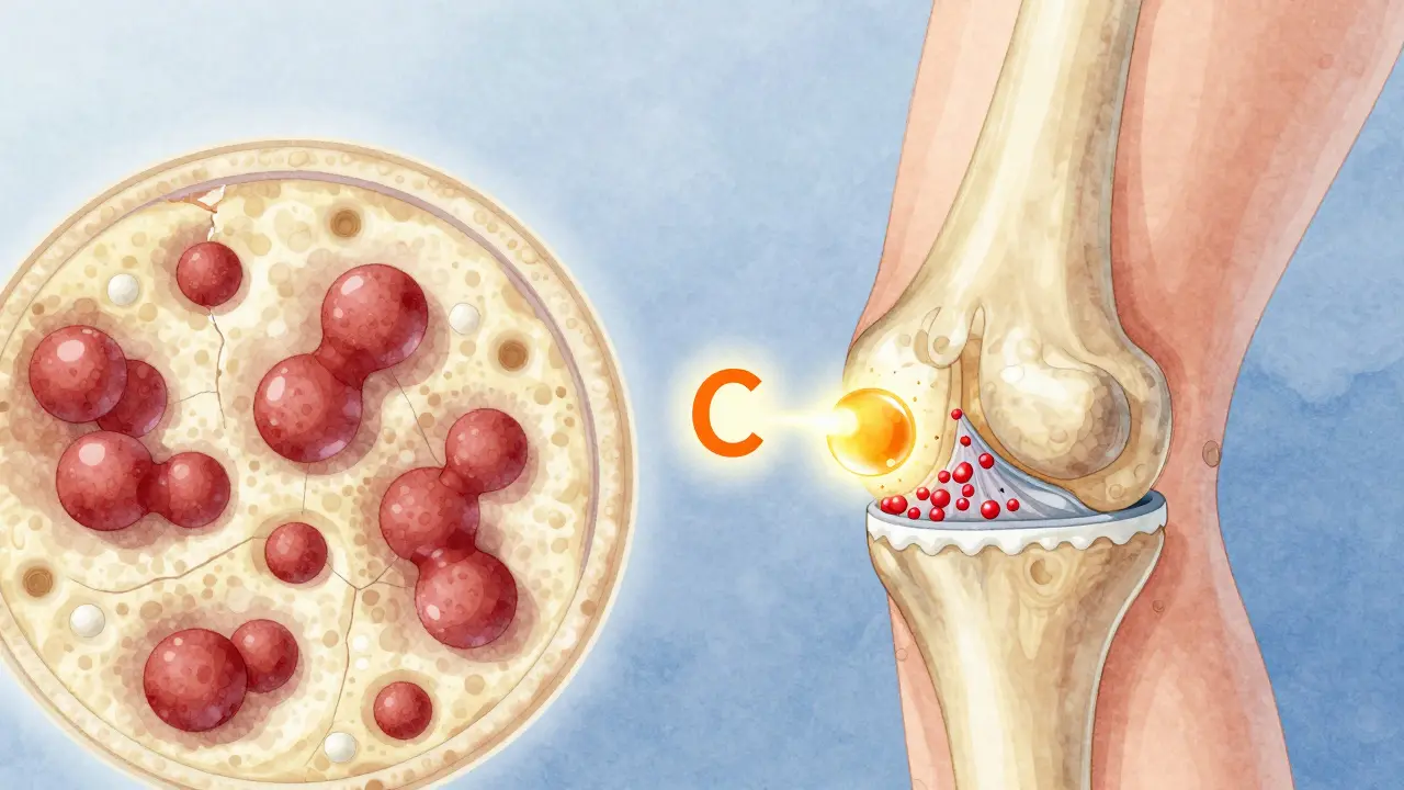 Mikroskopický pohled na kloub: rybí kolagen rychle obnovuje chrupavku, hovězí kolagen je pomalejší, vitamin C aktivuje regeneraci.