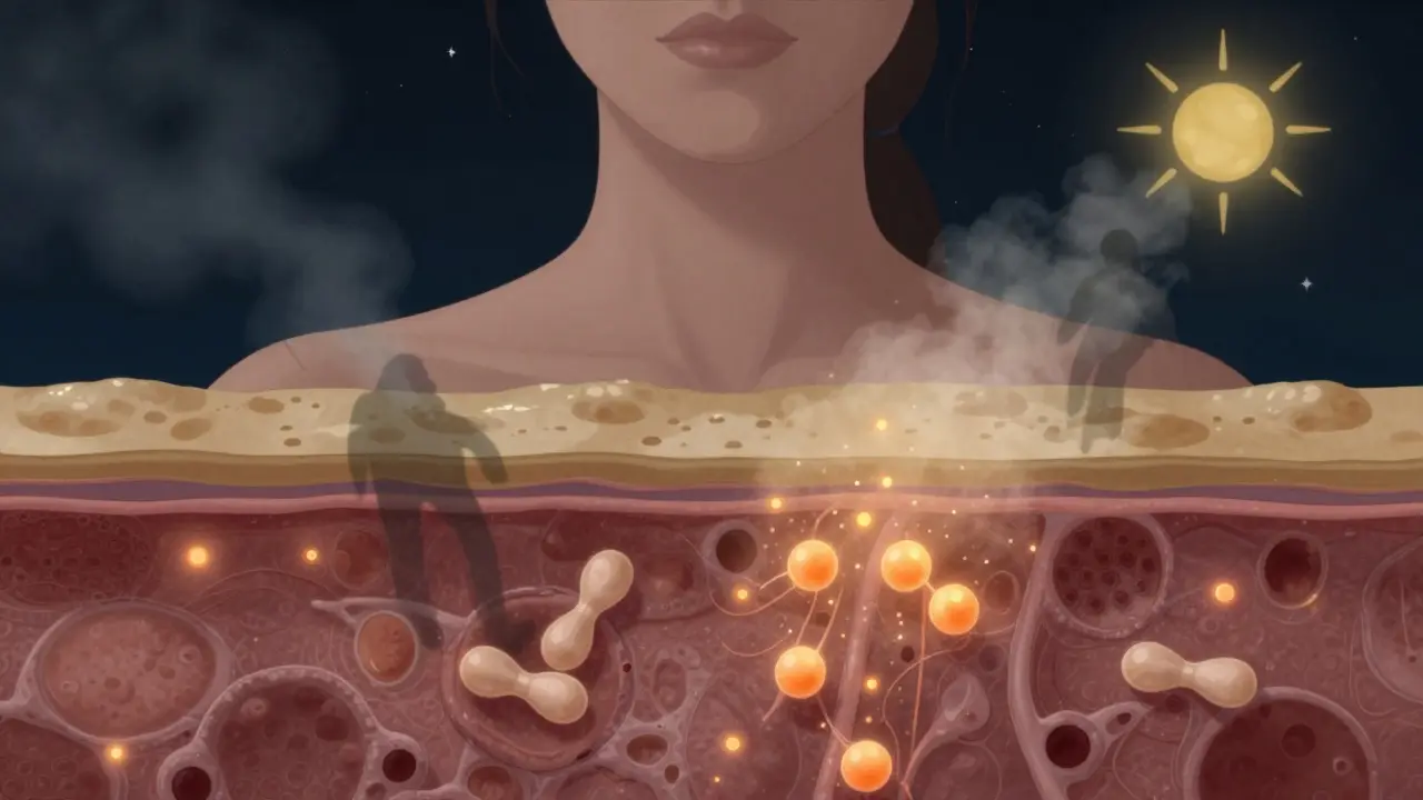 Mikroskopický pohled na obnovu pleti pomocí retinoidů v noční době.