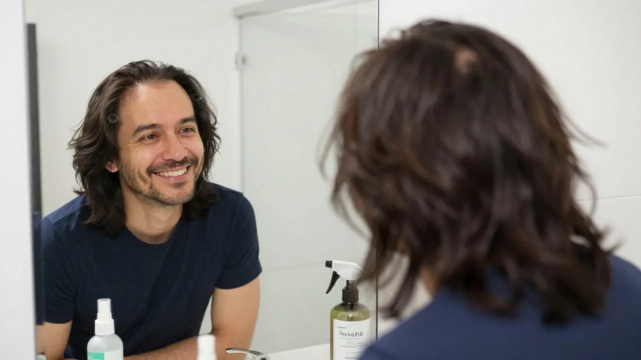 Muž se usmívá do zrcadla s plnějšími vlasy díky filléru, bez viditelného prachu nebo přílisy.