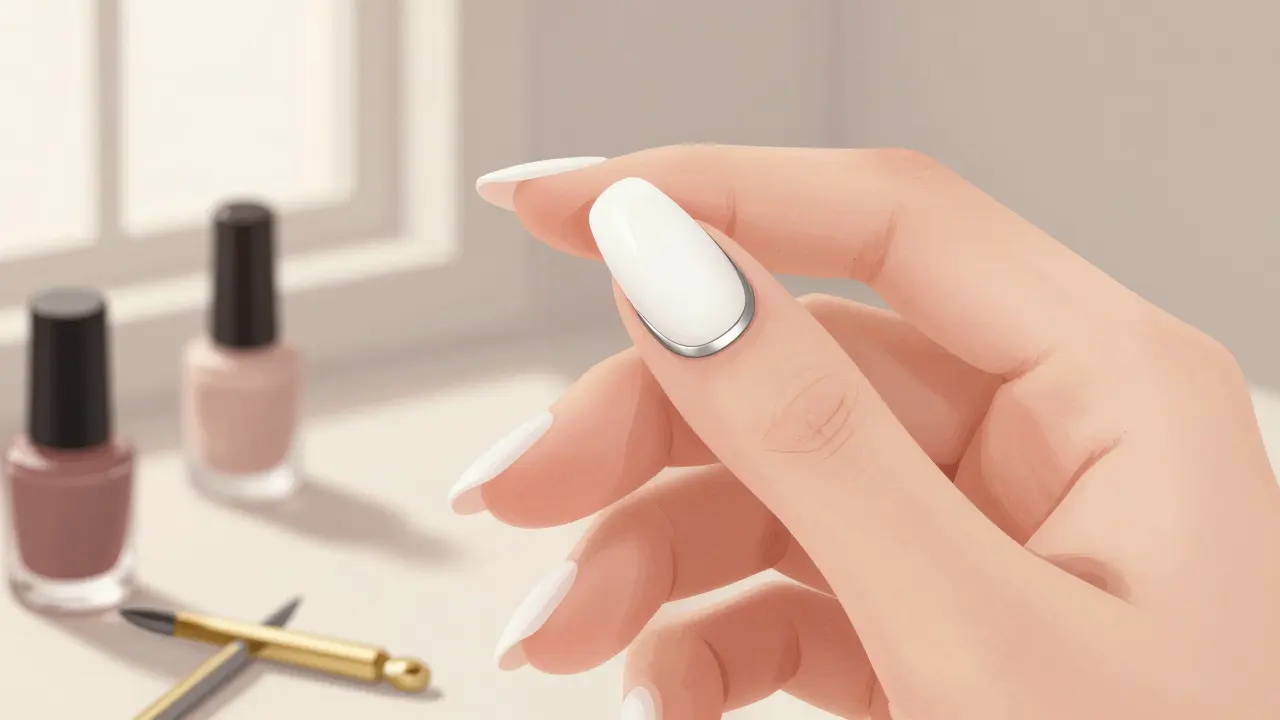 Návrh reverse French manikúry se stříbrným kroužkem na bledě růžových nehtech.