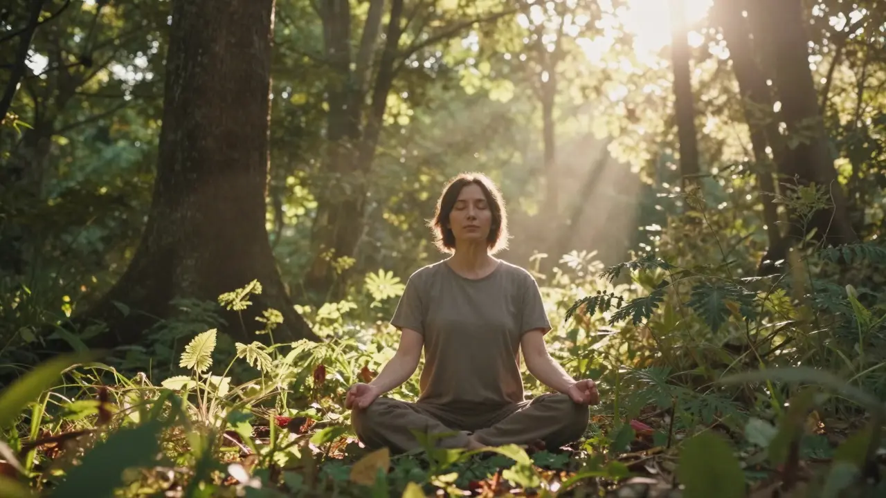 Osoba medituje v lesním parku s teplým slunečním světlem.