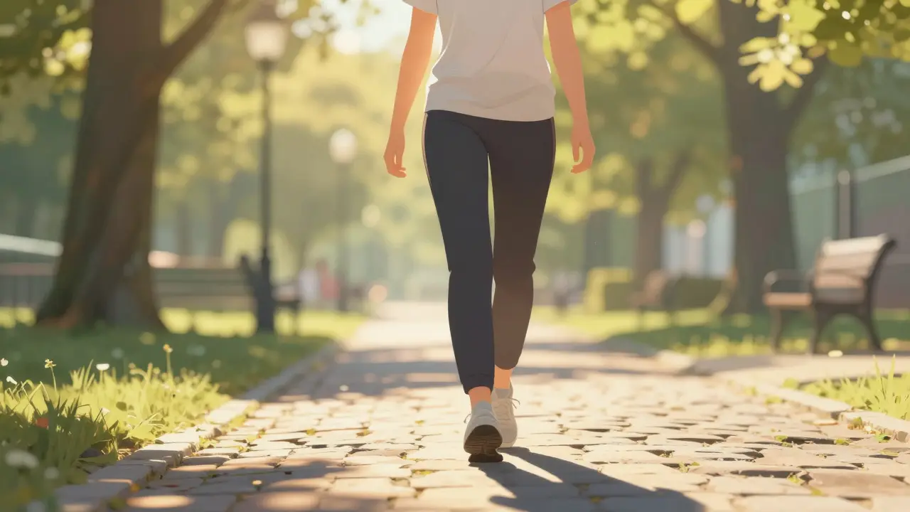 Osoba prochází pražským parkem ráno