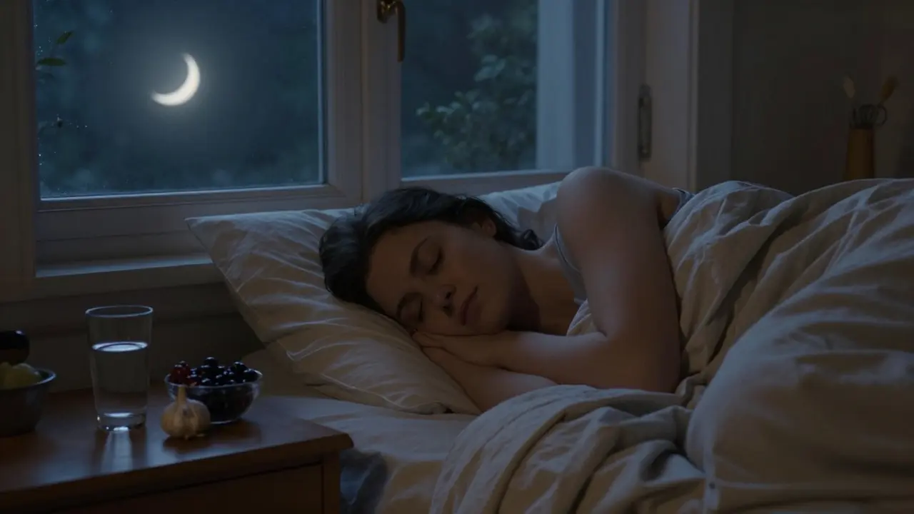 Osoba spí v klidné ložnici s vodou a česnekem na nočním stolku, měsíc svítí venku.