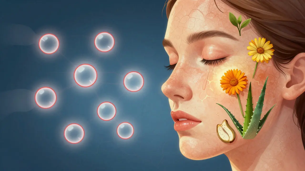 Porovnání poškozené kůže s chemikáliemi a zdravé kůže s rostlinnými výtažky ve dvou částech obrázku.