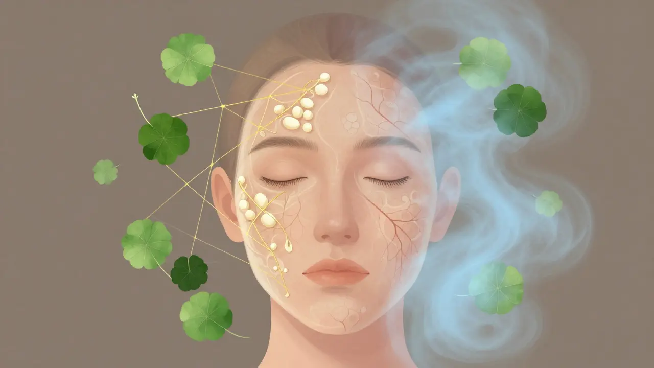 Přehledná ilustrace obličeje s viditelnými cévami a léčivými prvky jako ceramidy a centelou.