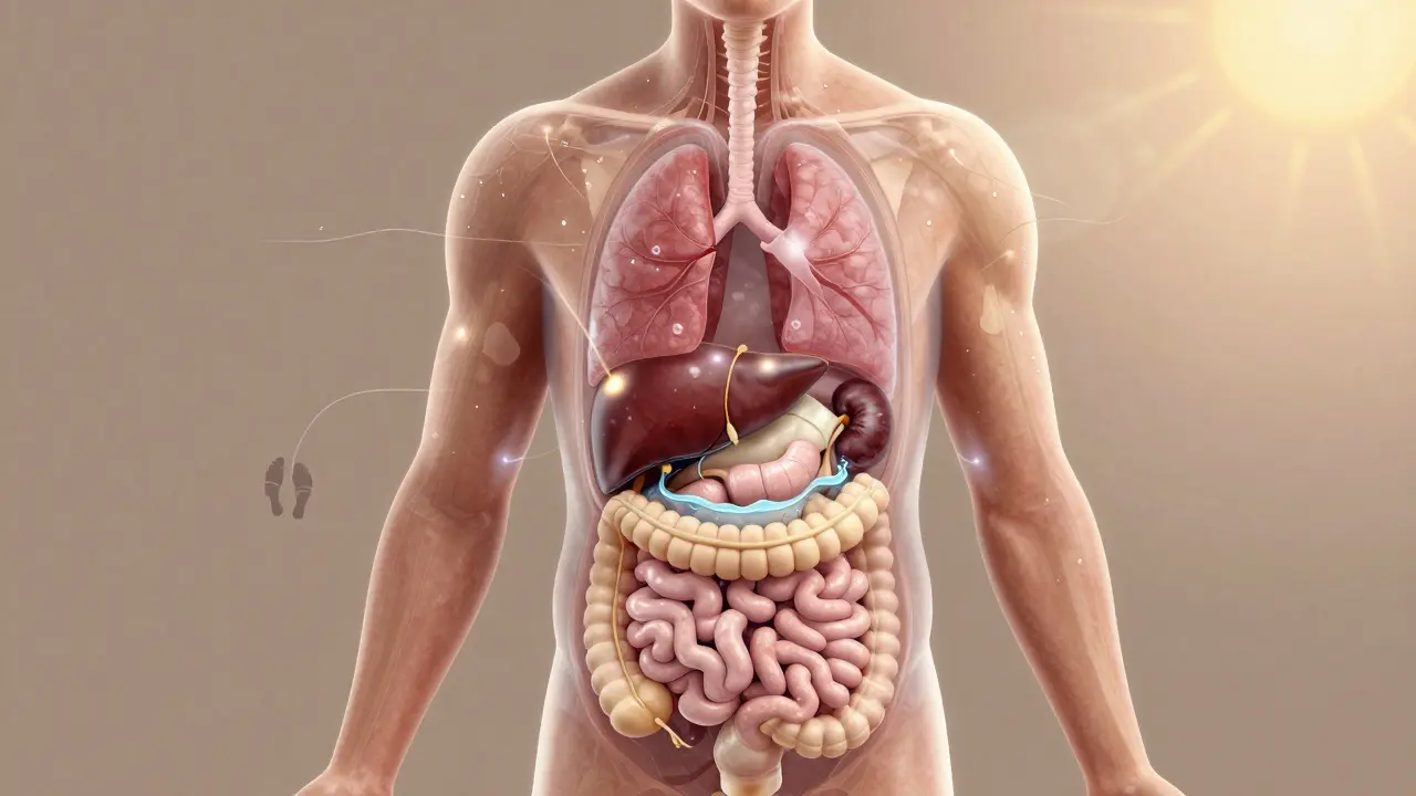 Průhledný lidský organismus s aktivně pracujícími orgány, které čistí tělo přirozenými cestami.