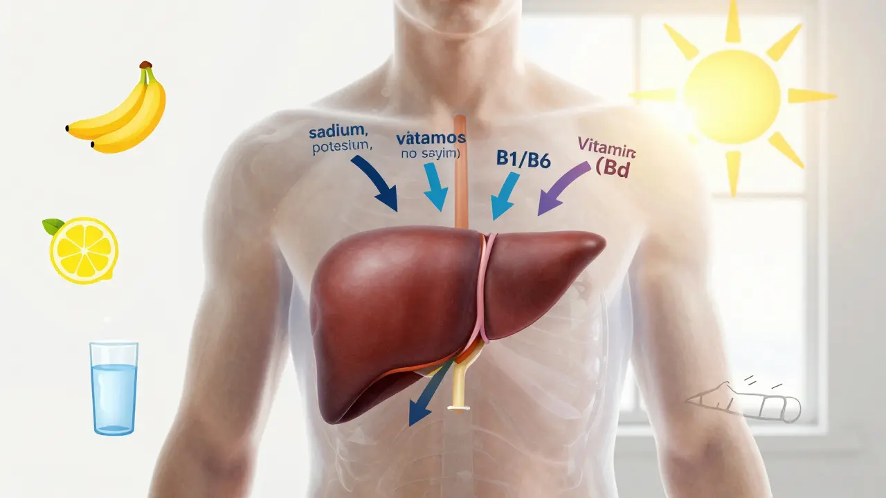 Průhledný lidský organismus s procesem detoxikace játra a doplňováním elektrolytů.