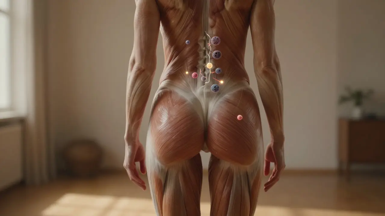 Průhledný pohled na hluboké svaly a imunitní buňky pod kůží člověka.