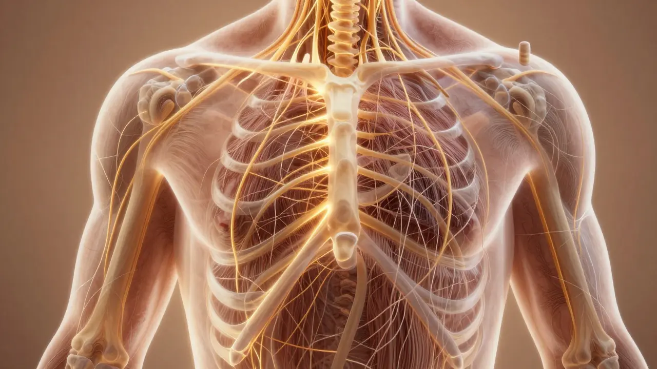 Průřez tělem s viditelnými kolagenními vlákny podporujícími kůži, klouby a vlasy.