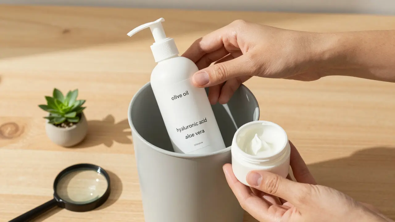 Ruka vyhazuje škodlivý krém do koše a zvedá jednoduchý přírodní krém s třemi složkami.