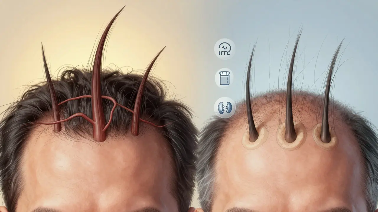 Struktura vlasového folikulu: zdravé a poškozené vlasy vedle sebe s symboly železa, bílkovin a štítné žlázy.