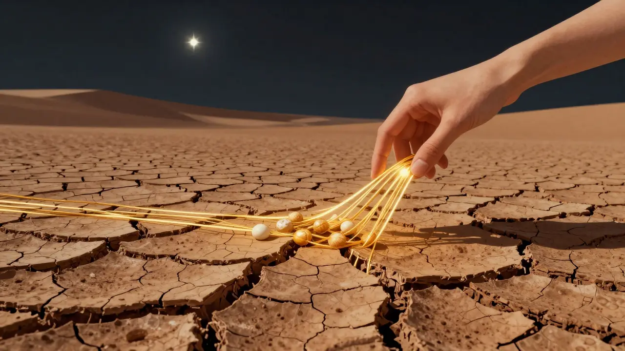 Symbolický obraz prasklé půdy, kde se obnovují lipidové složky pleti.