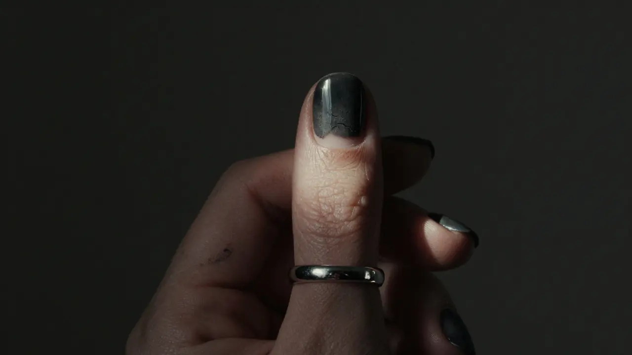 Tmavé nehty s prázdným kroužkem u základny a jemným odlupováním laků.