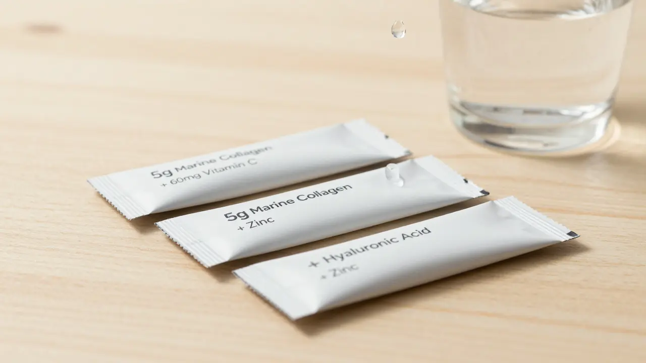 Tři balíčky kolagenového doplňku s uvedenými složkami na dřevěném povrchu