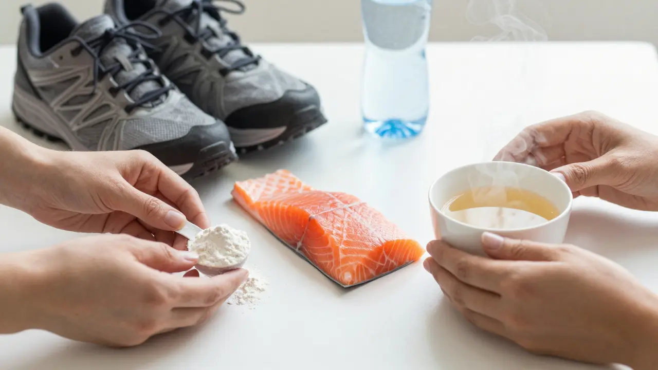 Tři přírodní zdroje péče o kolena: prášek mořského kolagenu, losos s kostmi a vařený vývar, uložené na bílém pozadí.