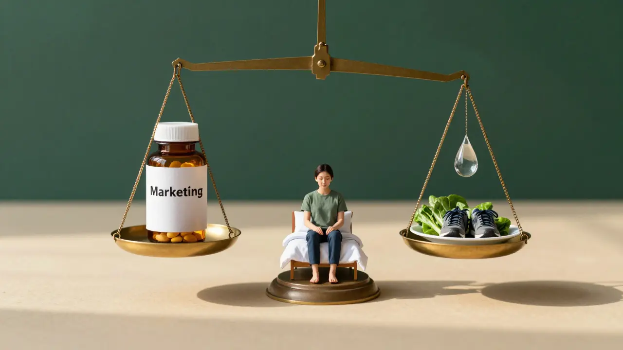 Váha s multivitamínem na jedné straně a životním stylem na druhé.