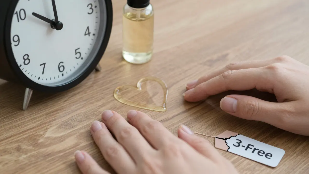 Zdravé přirozené nehty na dřevěné podložce s symboly obnovy a péče.