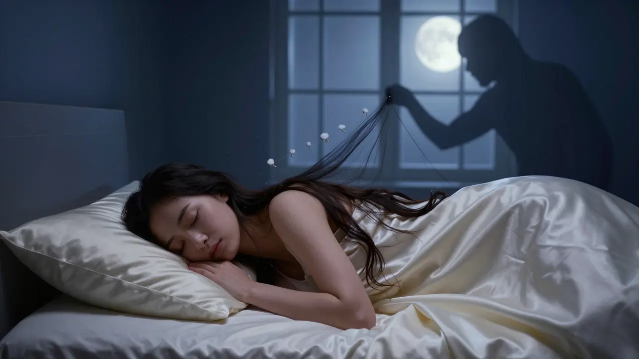 Žena spí na atlasovém polštáři, zatímco bavlněný polštář za ní poškozuje vlasy.