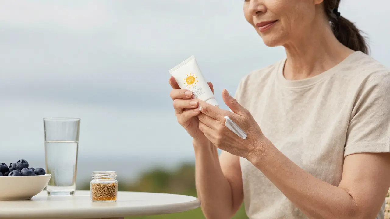 Žena v 60. letech aplikuje minerální SPF na obličej venku při oblačném dni s vodou a semínky.