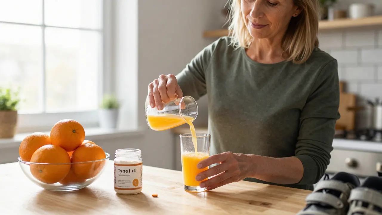 Žena v kuchyni připravuje rybí kolagen s vitaminem C a pomerančem, světlo z okna, krokovací boty na pozadí.