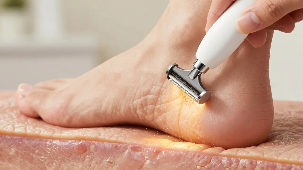 Zvětšený pohled na odstraňování suché kůže z pata pomocí přesného přístroje bez poškozování zdravé tkáně.