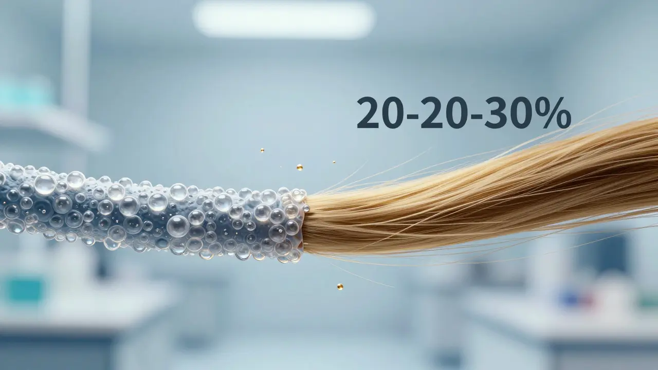 Zvětšený průřez vlasu s průhlednou vrstvou polymerových částic zvětšující jeho průměr.