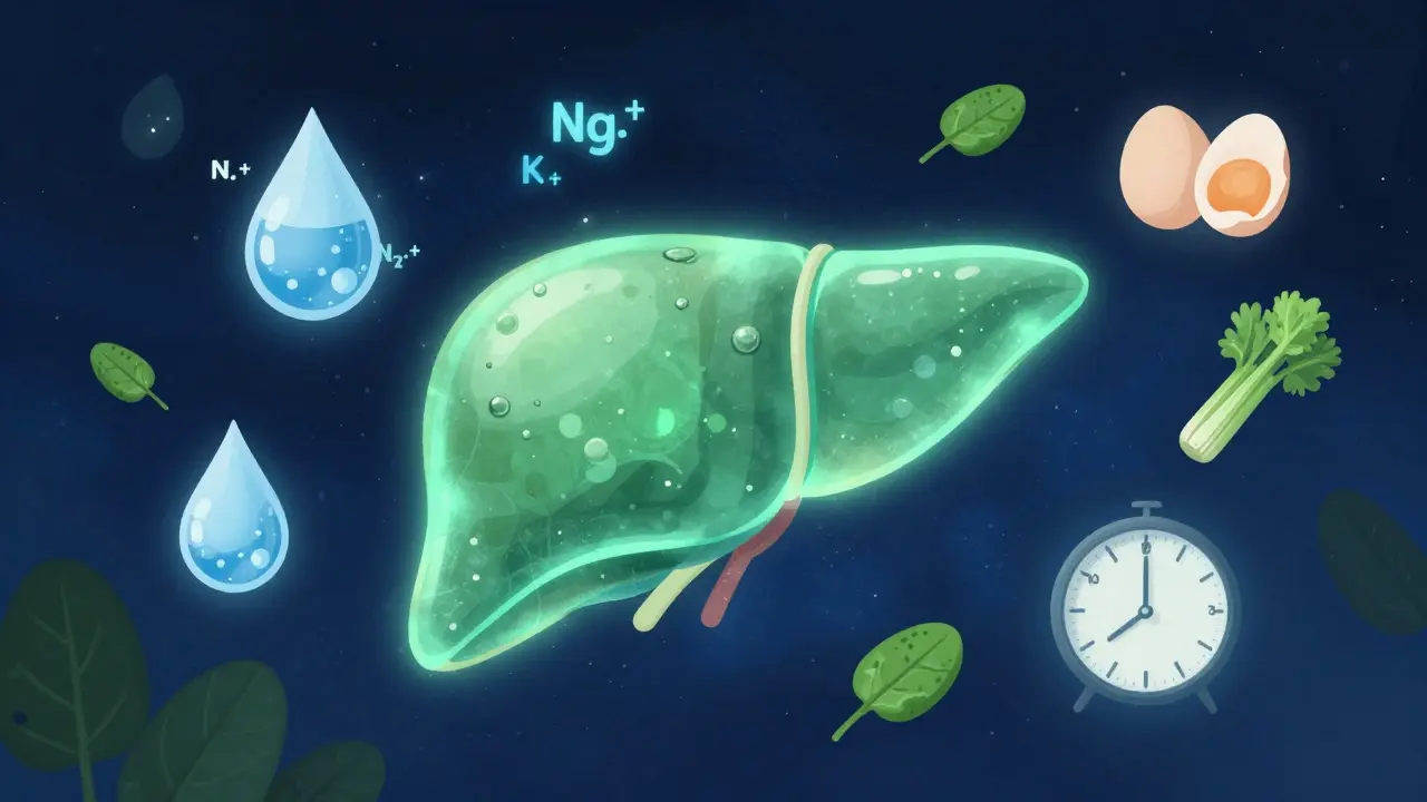Abstraktní ilustrace játry s proudy vody, potravin a spánku jako symboly detoxikace.