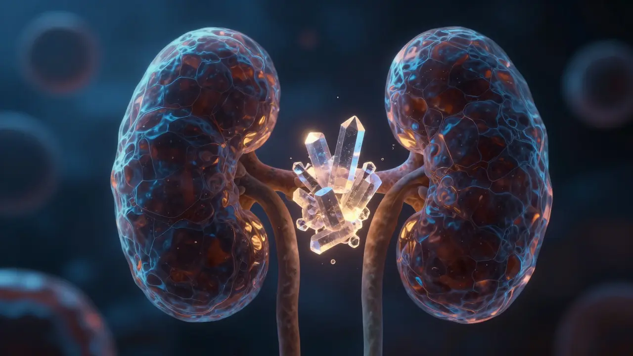 Abstraktní krystaly v modrém tónu symbolizují riziko kamenů v ledvinách