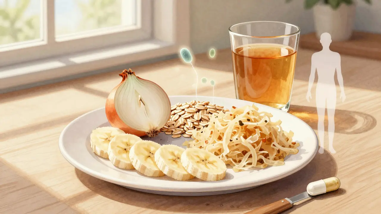 Česká snídaně s banánem, cibulí, oveskou, zelňákem a kombuchou vedle probiotika.