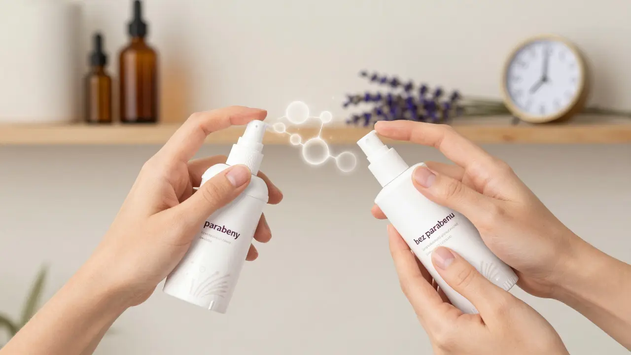 Dvě ruce: jedna používá deodorant s parabeny, druhá krém bez parabenu, s jemným vizekem hormonálních molekul.