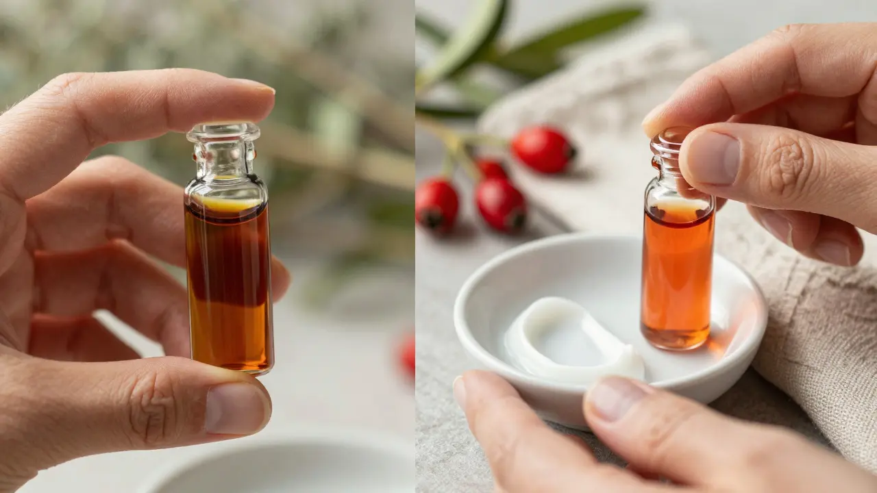 Dvě skleněné lahvičky s arganovým a šípkovým olejem vedle hydratačního krému na keramickém talíři.