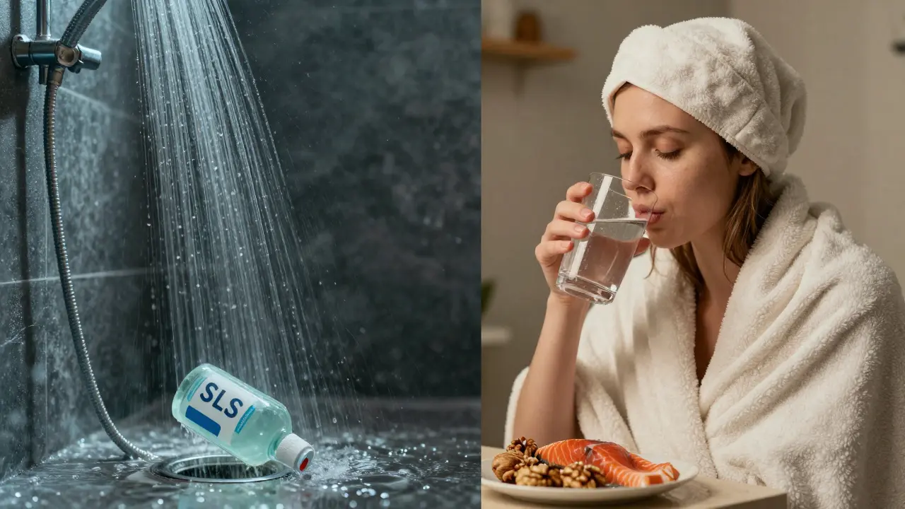 Dvě strany: jedna ukazuje horkou sprchu s agresivním šamponem, druhá klidnou osobu v čepici s výživou.