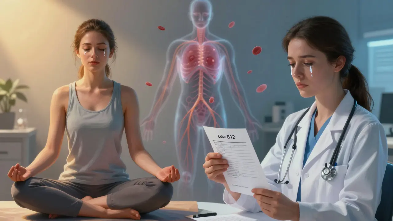 Dvě verze stejné ženy: jedna zdravá a klidná, druhá s nízkým B12, ukazující rozdíl mezi příznaky a léčbou.