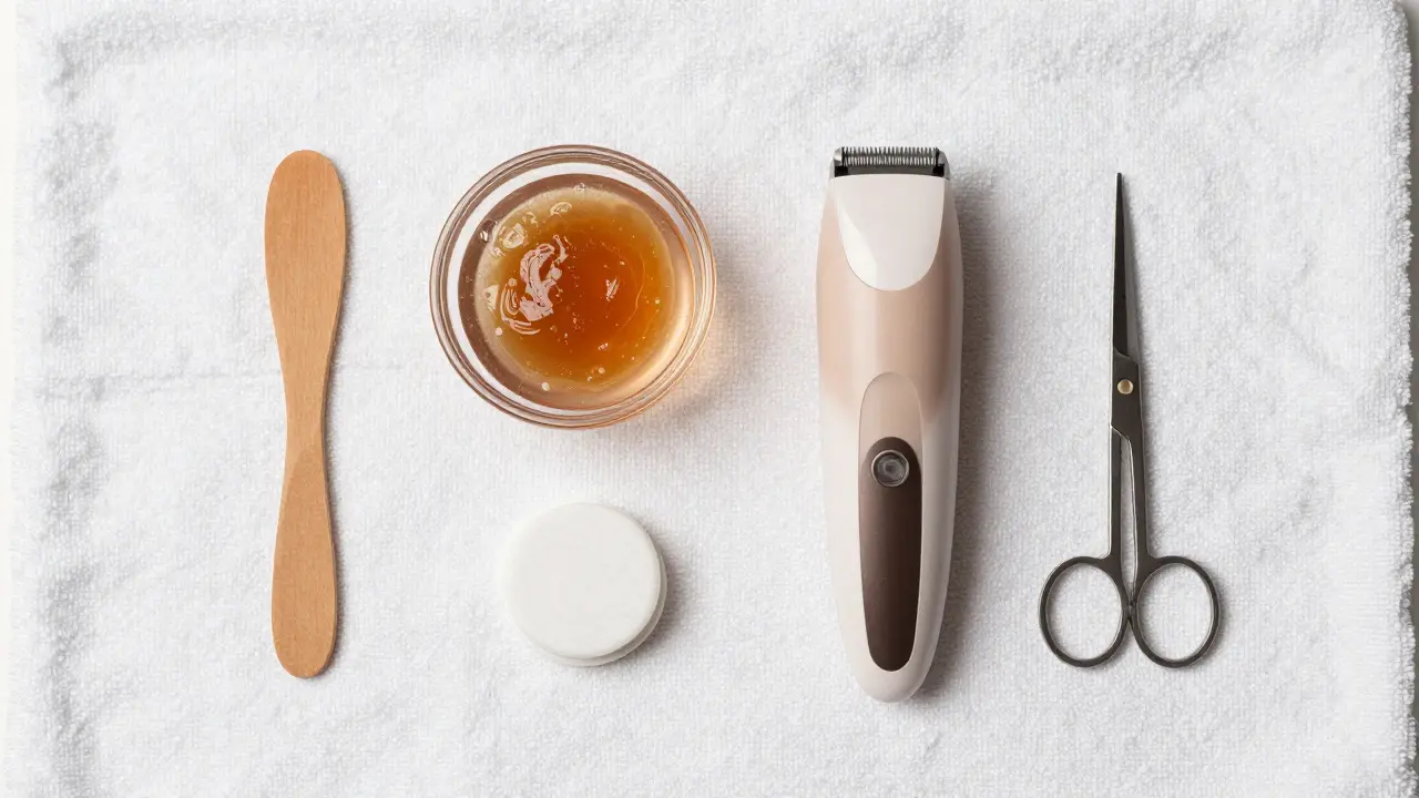 Estetická kompozice depilačních nástrojů a produktů na bílém podkladu.