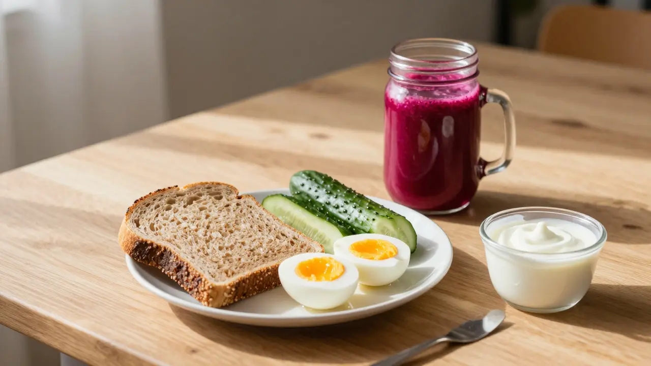 Jednoduchý snídaní s celozrnným chlebem, vajíčky a čerstvou zeleninovou šťávou.