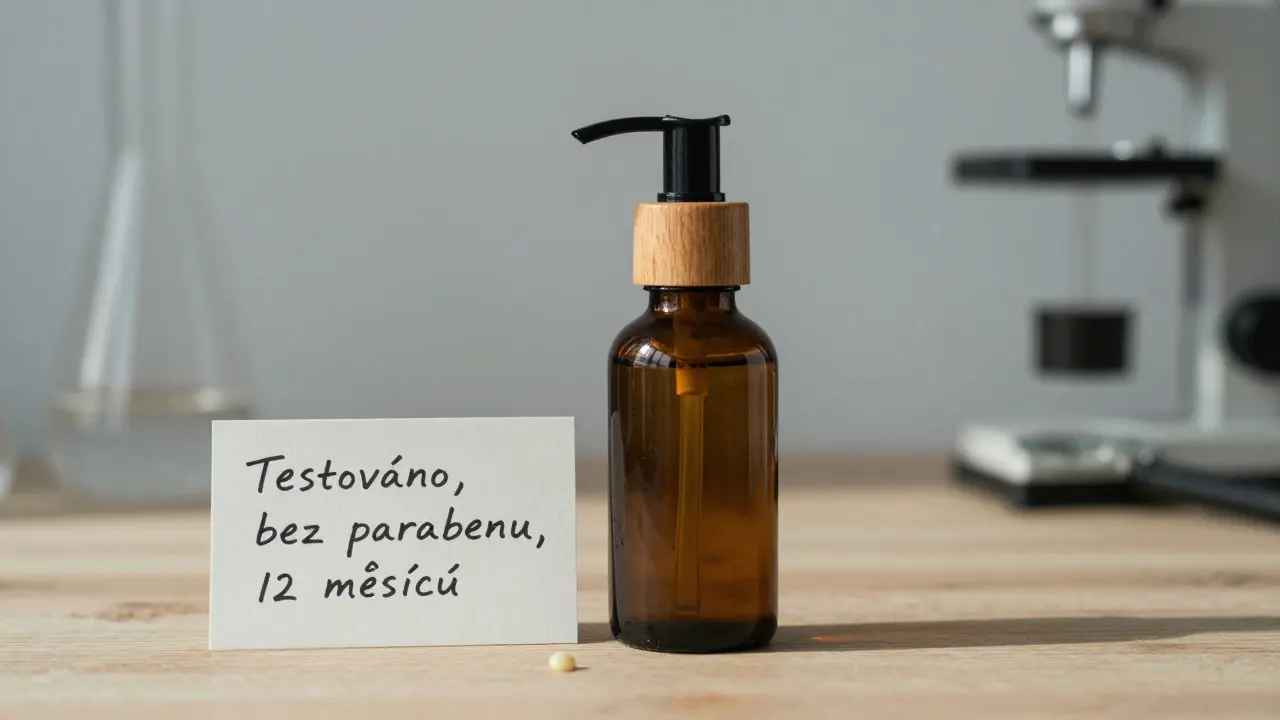 Kčeská kosmetika v tmavé lahvičce s dřevěným čerpadlem a poznámkou 'bez parabenu, 12 měsíců'.