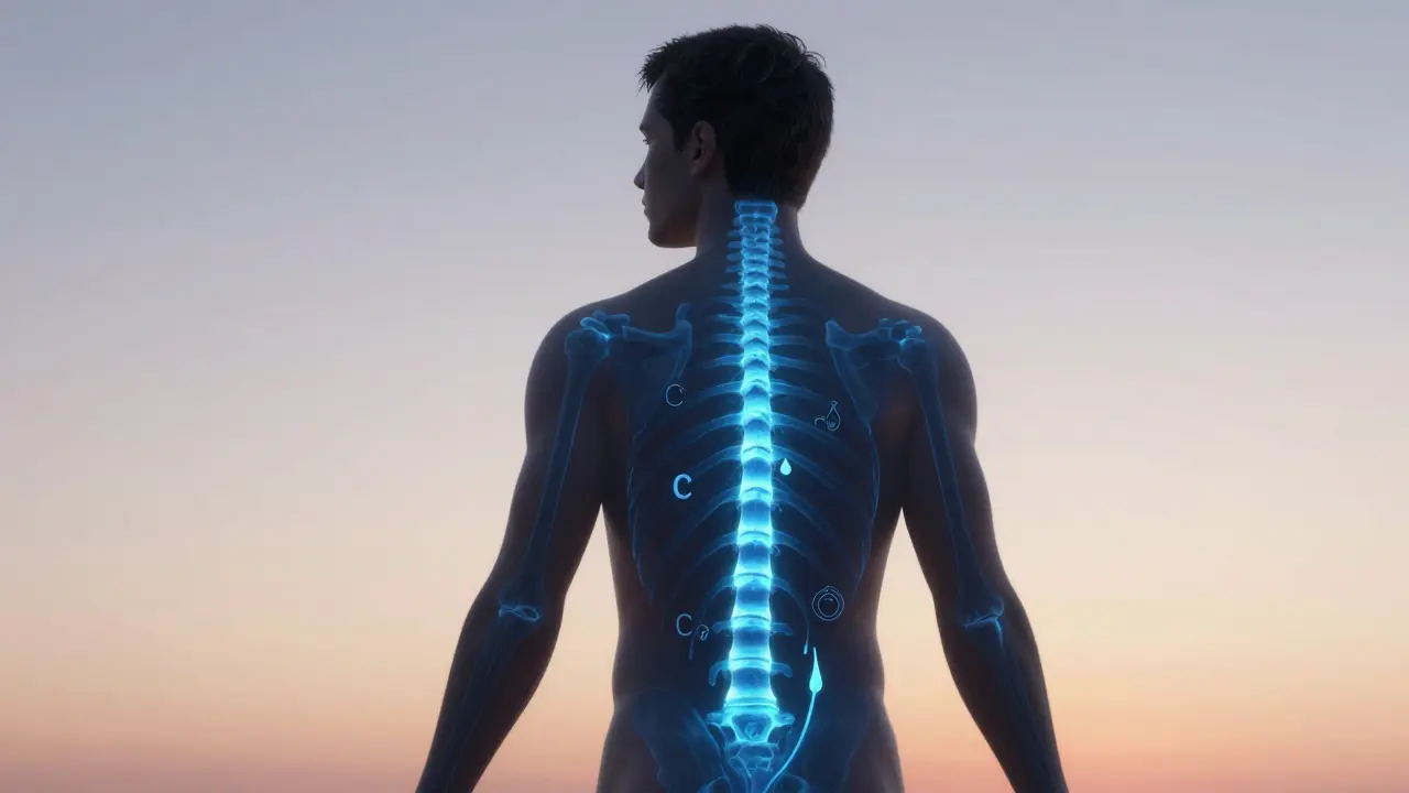 Kresba lidského těla s proudy kolagenu proudícími do pokožky, kloubů a vlasů.